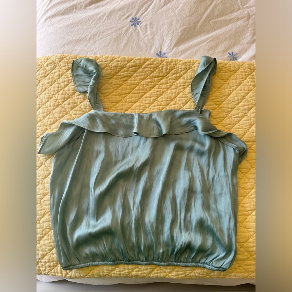 ASTR The Label Aqua Blue Satin Silky Ruffle Crop Top